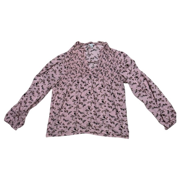 Lucky Brand Pink and Black Floral V-Neck Top with Flowing Sleeves Size S - Picture 1 of 12